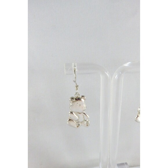 Adorable Pressed Sterling Bear Dangle Earrings Ear WIre 1 3/8" Drop - Picture 3 of 8